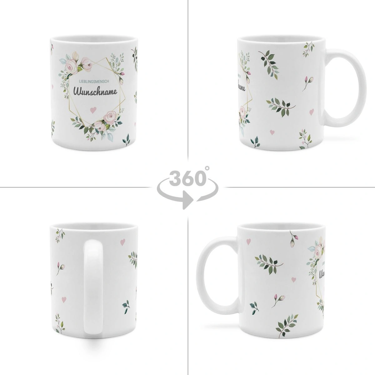 Personalisierte Panorama-Tasse, weiß (Motiv: Floral)
