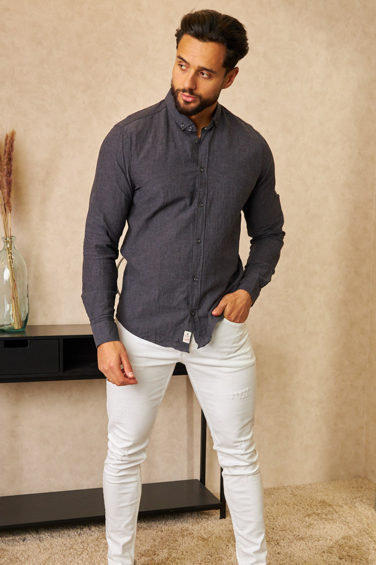 Chemise en lin noire chiné manches longues