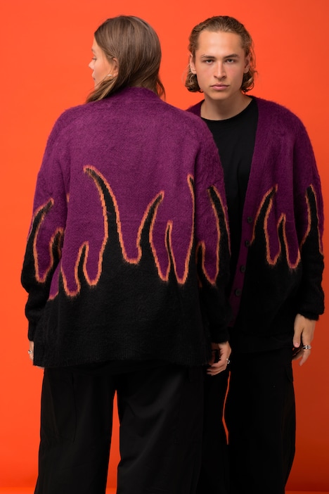 Strickjacke, oversized, Flame-Abschlüsse, V-Ausschnitt, Langarm, Unisex