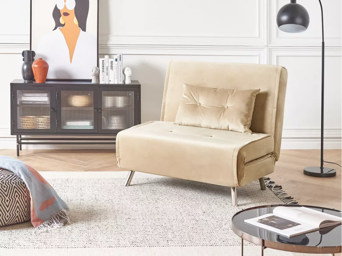 Canapé convertible 1 place en velours beige FARRIS