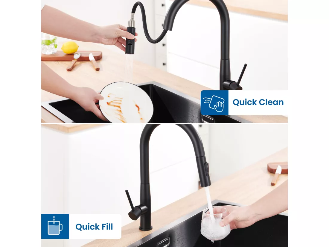 AURALUM MAX Robinet Cuisine Douchette,Mitigeur Cuisine avec Douchette, Robinetterie Cuisine avec Douchette Extractible Eau Froide/Chaude,Noir
