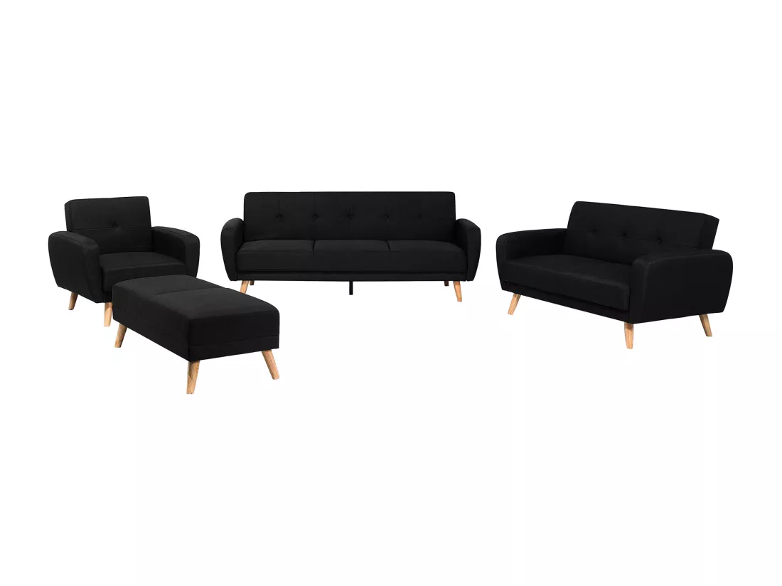 Ensemble canapés et fauteuil en tissu noir 6 places avec pouf FLORLI