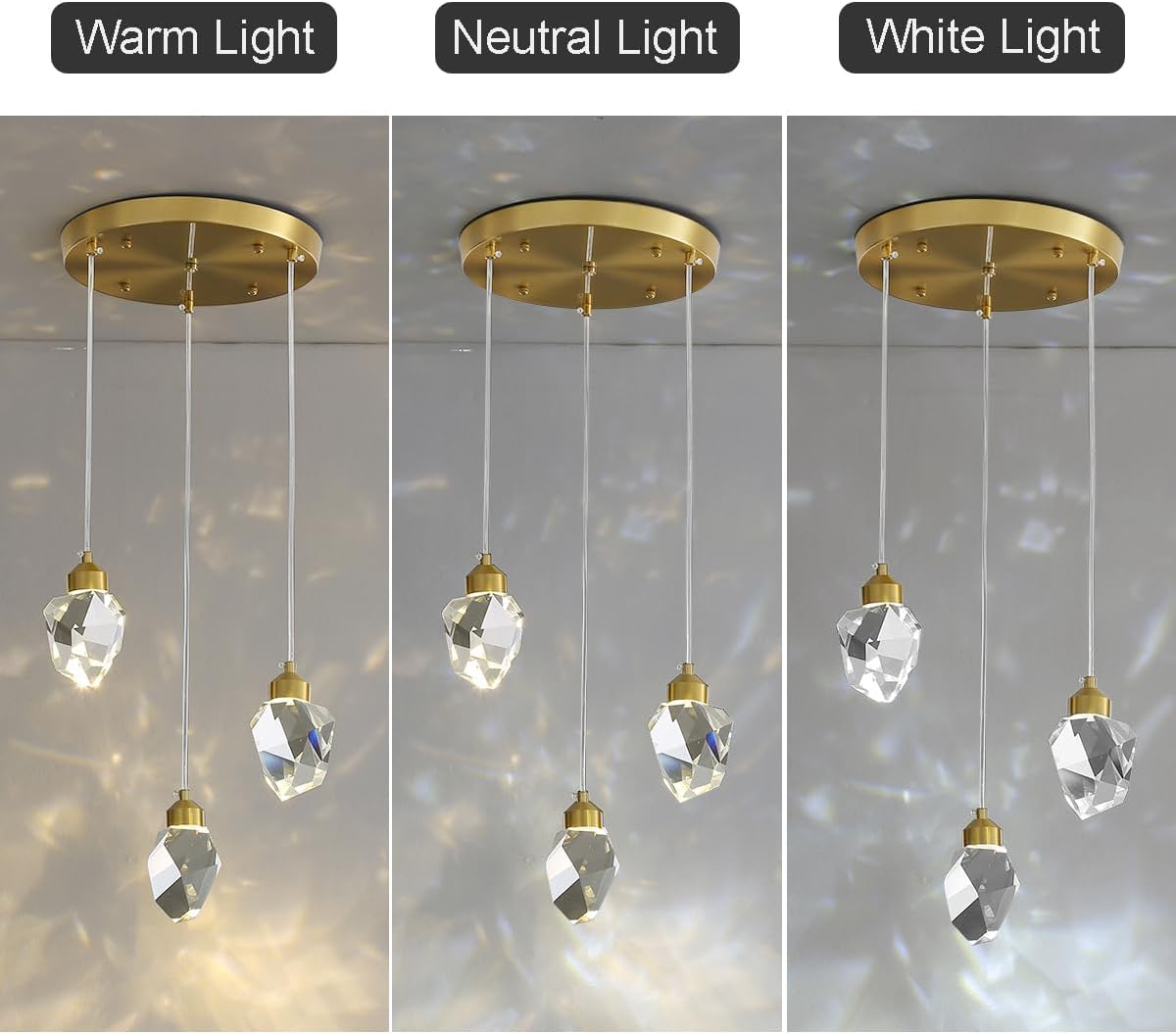 Moderne Kristall Pendelleuchte, 3-Farbige LED Kristall Pendelleuchte, Höhenverstellbare Goldene Decken Hängelampe, Für Kücheninsel Schlafzimmer Wohnzimmer Esszimmer (3-Köpfiger Runder Sockel)