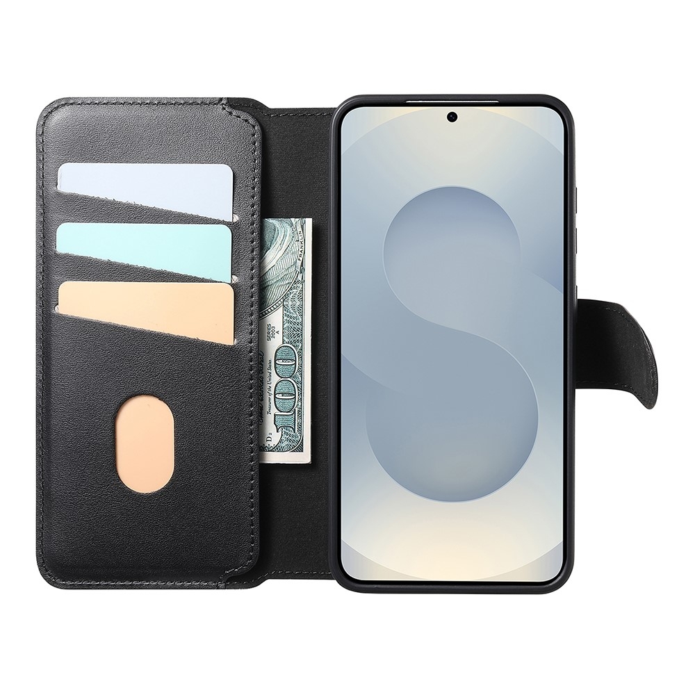 Samsung Galaxy S25 Leder Case Schutzhülle mit Finger Griff Halterung   Abnehmbare Tasche inkl. Kartenfächer MagSafe-Modul (RFID Schutz) - Schwarz