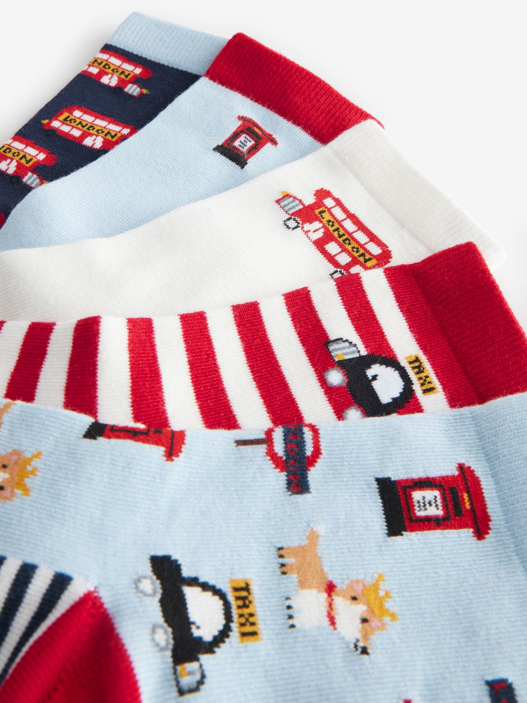 Blauw/rood Londense bus - Verpakking van 5 paar sokken met rijke print