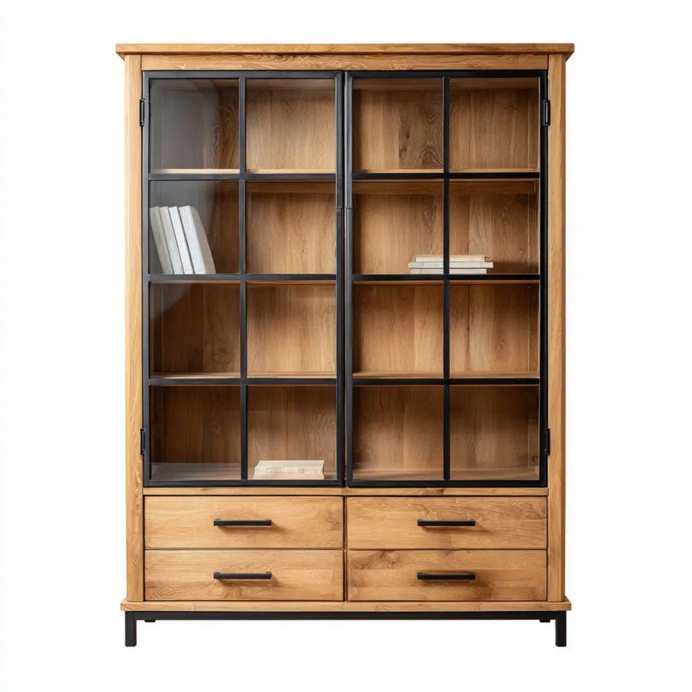 Vitrine Massivholz mit Glas 190x120x40 cm – Eiche/Schwarz – Industriel