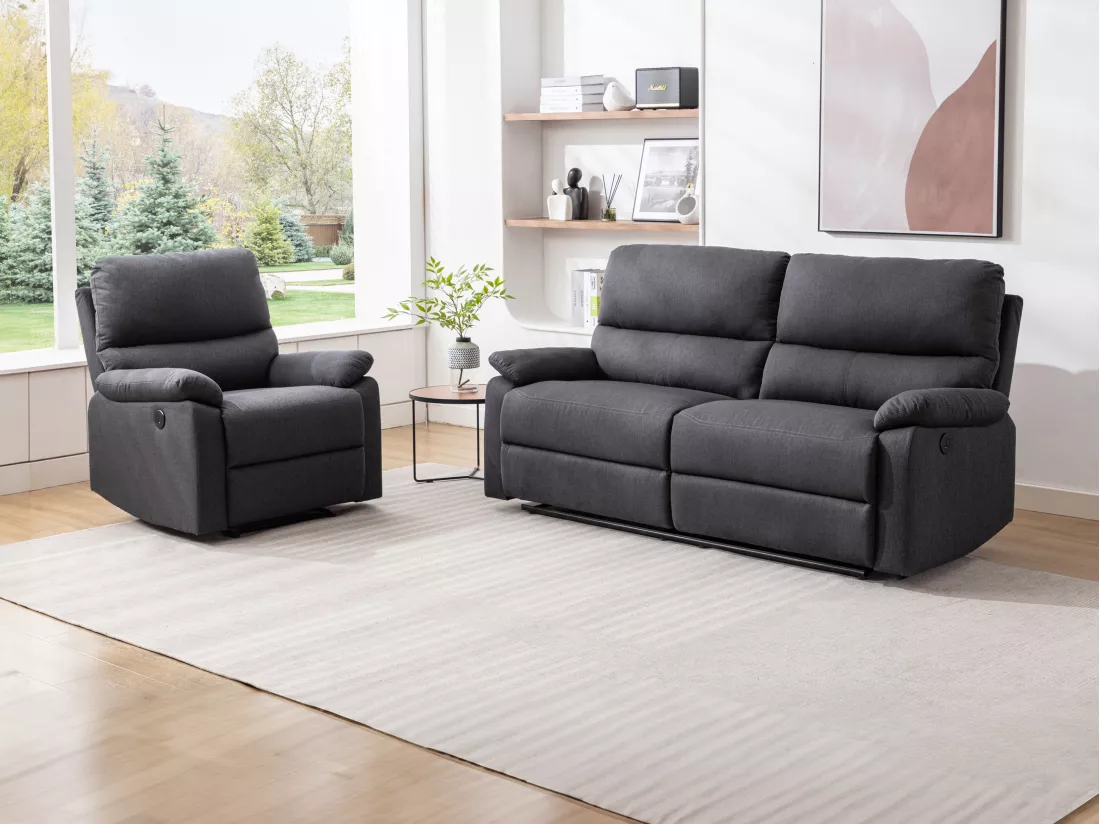 Canapé 3 places et fauteuil relax électrique en tissu gris anthracite LUNANO