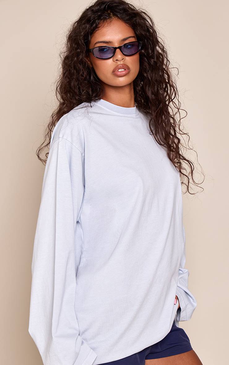 Bleu T-shirt Oversize À Manches Longues En Coton Délavé À L'acide