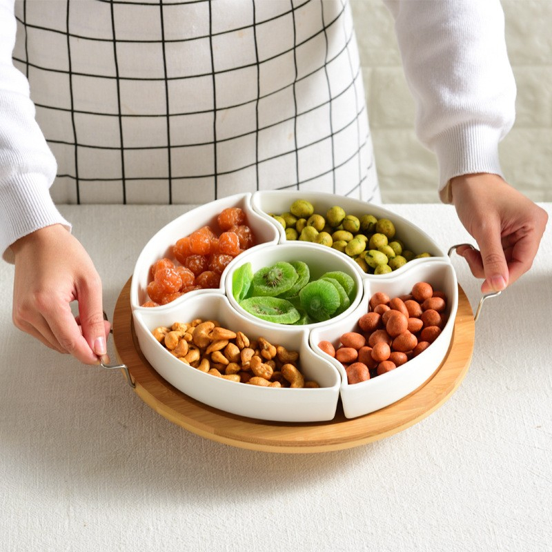 (6-tlg. Set) Ø28.5cm Gewellte Keramik Servier Schalen Apéro Drehteller Snack Schälchen inkl. Bambus Serviertablett für Tapas / Bowls / Dessert