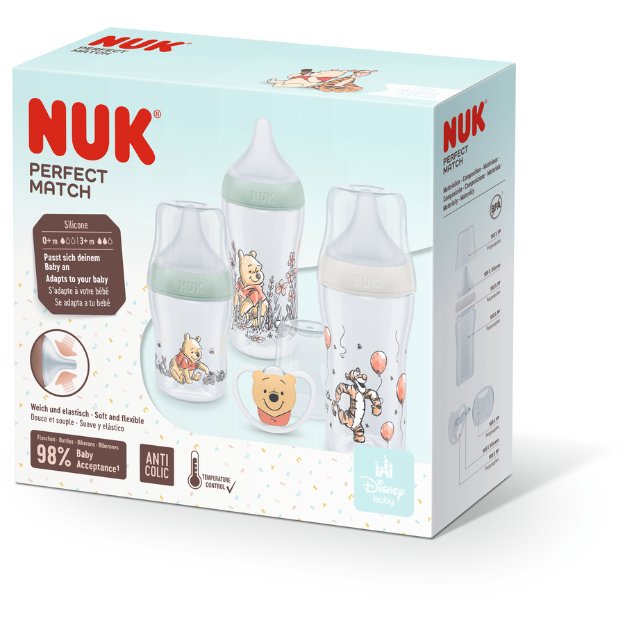 NUK Starterset Perfect Match  Winnie Pooh Anti-Colic inkl. Schnuller Space 0-6 Monate in beige und mint