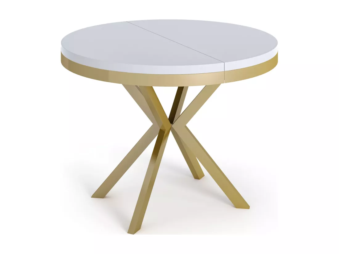 Table à Manger Extensible Ronde - Table Style Loft Avec Doré Pieds En Métal - 100 à 180 Cm - Table Ronde Style Industriel Pour Le Salon - Compacte - 100 Cm - Blanc