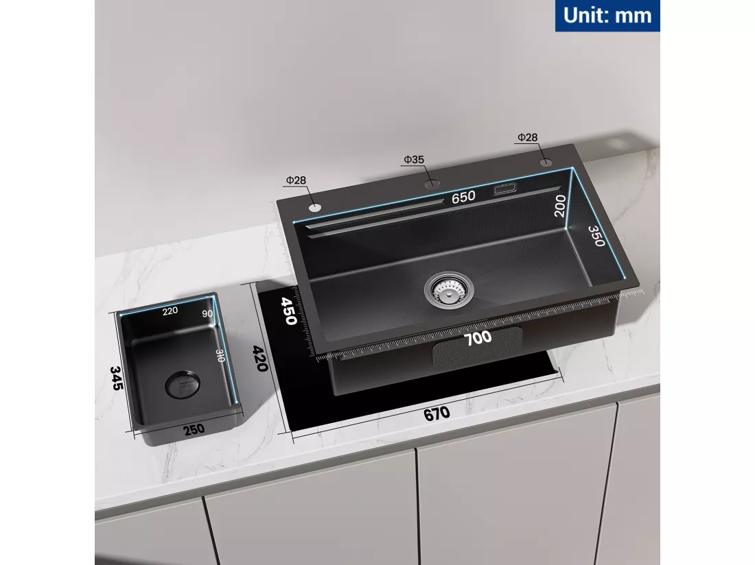 Cecipa max Évier 1 Bac 70×45 CM Noir avec Egouttoir, Vasque et Distributeur de Savon + Mitigeur Rabattable Noir Robinet Pliable Mitigeur Sous Fenêtre
