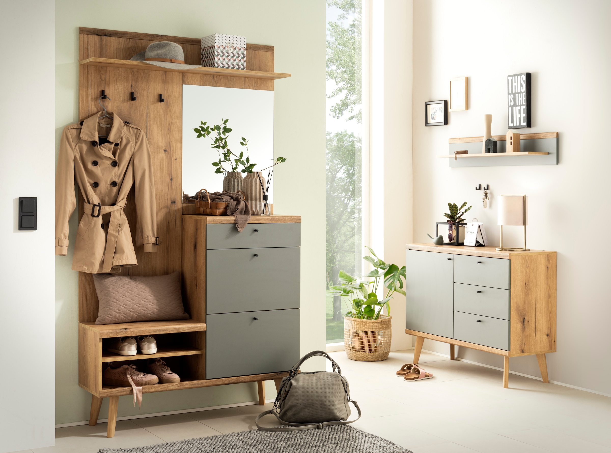 INOSIGN Kompaktgarderobe »Mavas, Garderobe, Garderobenschrank, ScandicDesign, Evoke Eiche/Salbei« ausreichend Stauraum, für kleine Räume geeignet, 110 cm breit