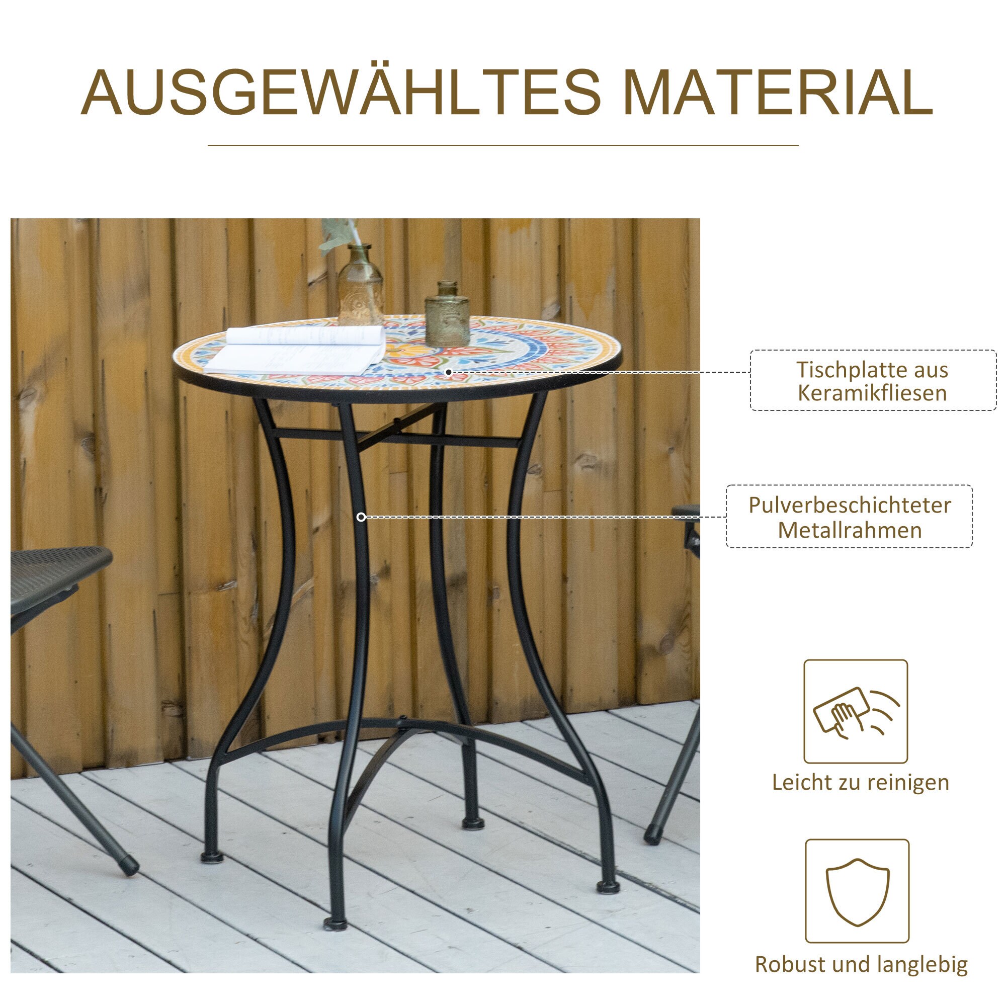 Outsunny Gartentisch mit Mosaikplatte 60L x 60B x 71H cm