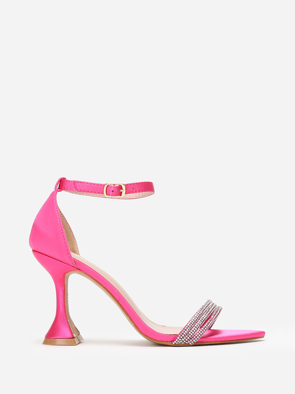 Sandales satinées à strass et talon bobine- Rose