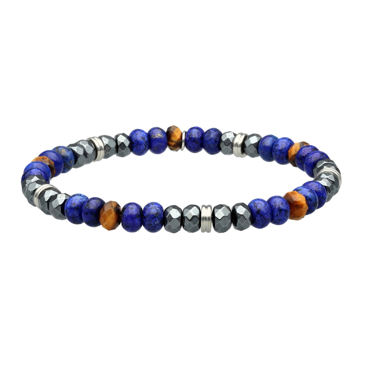 Bracelet Acier Perles Facettées Hématite Lapis Et Oeil De Tigre-Medium-18cm
