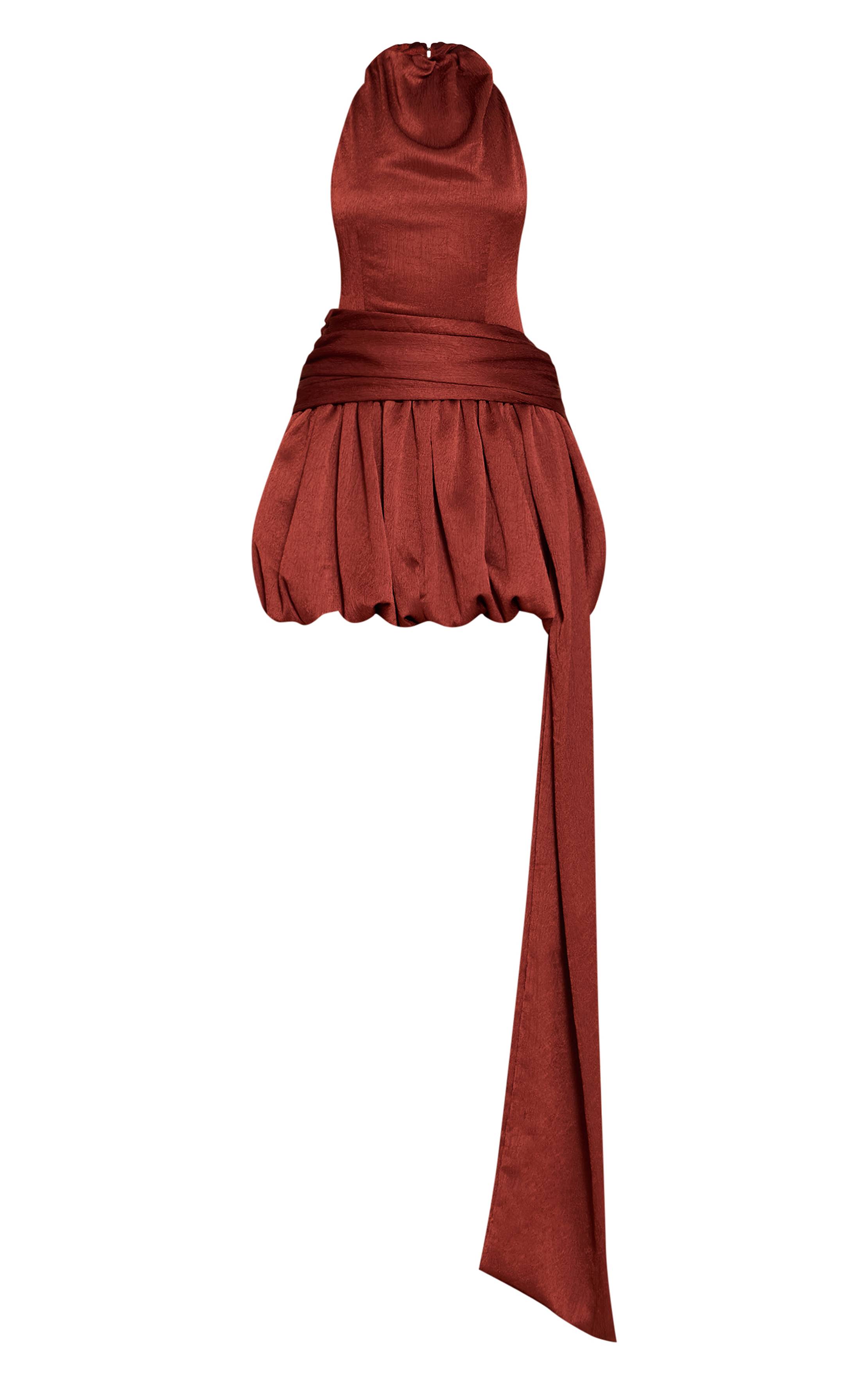 Rouille Robe Mini Bouffante Texturée À Col Haut