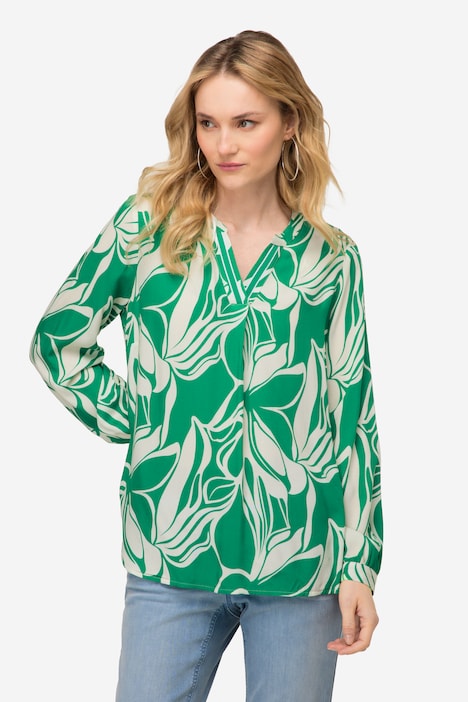 Bluse, grafischer Blütenprint, Stehkragen, Langarm