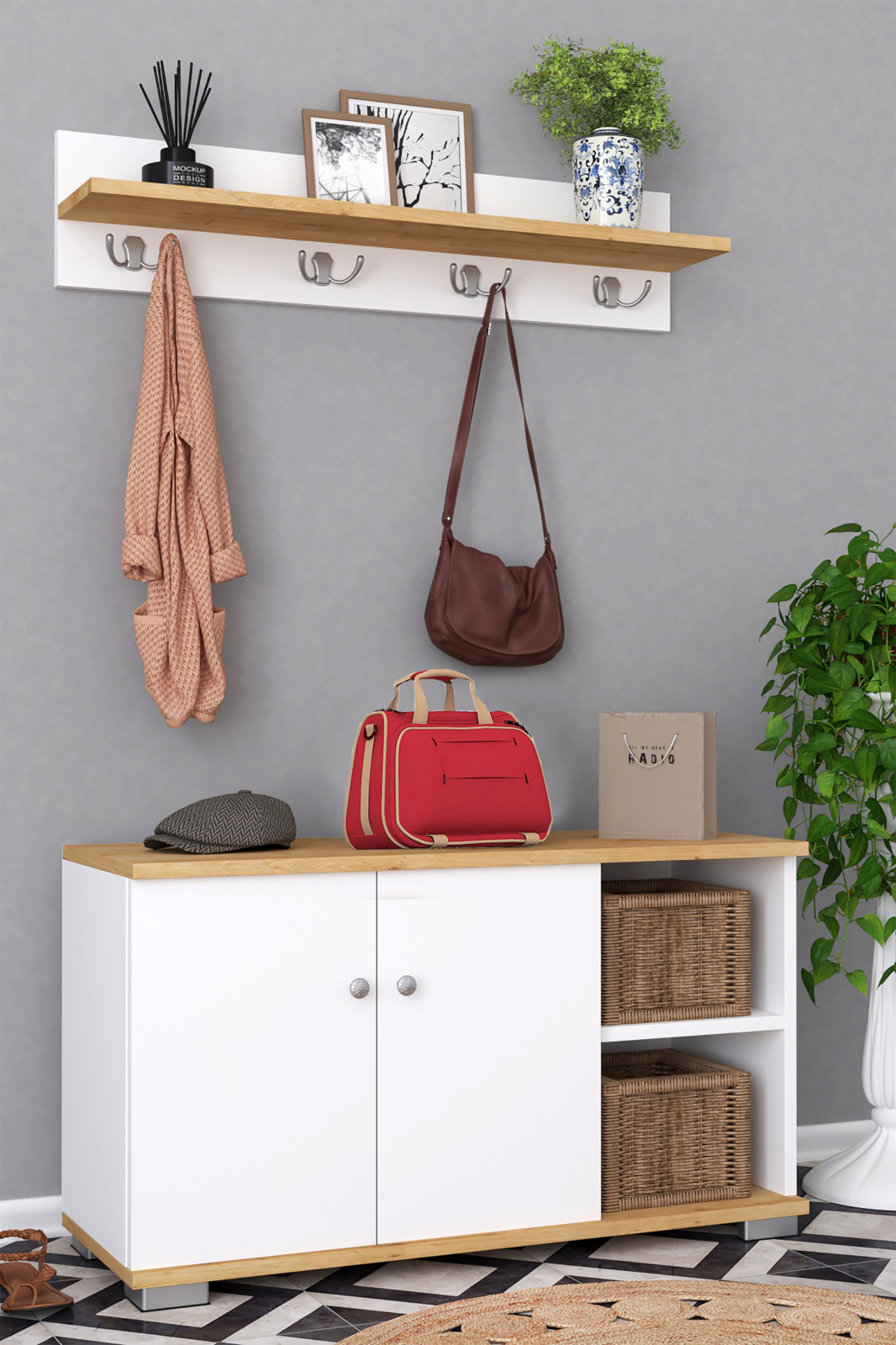 Garderoben-Set GADOS L - weiß - Honig Eiche - 90 cm