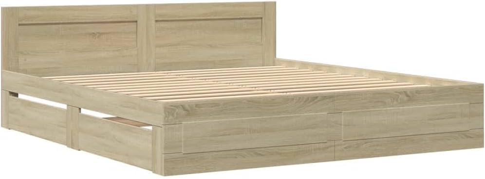 vidaXL Bettgestell, Bett mit Kopfteil, Bettrahmen mit Lattenrost, Doppelbett Schlafzimmerbett mit Stauraum, Sonoma-Eiche 200x200cm Holzwerkstoff