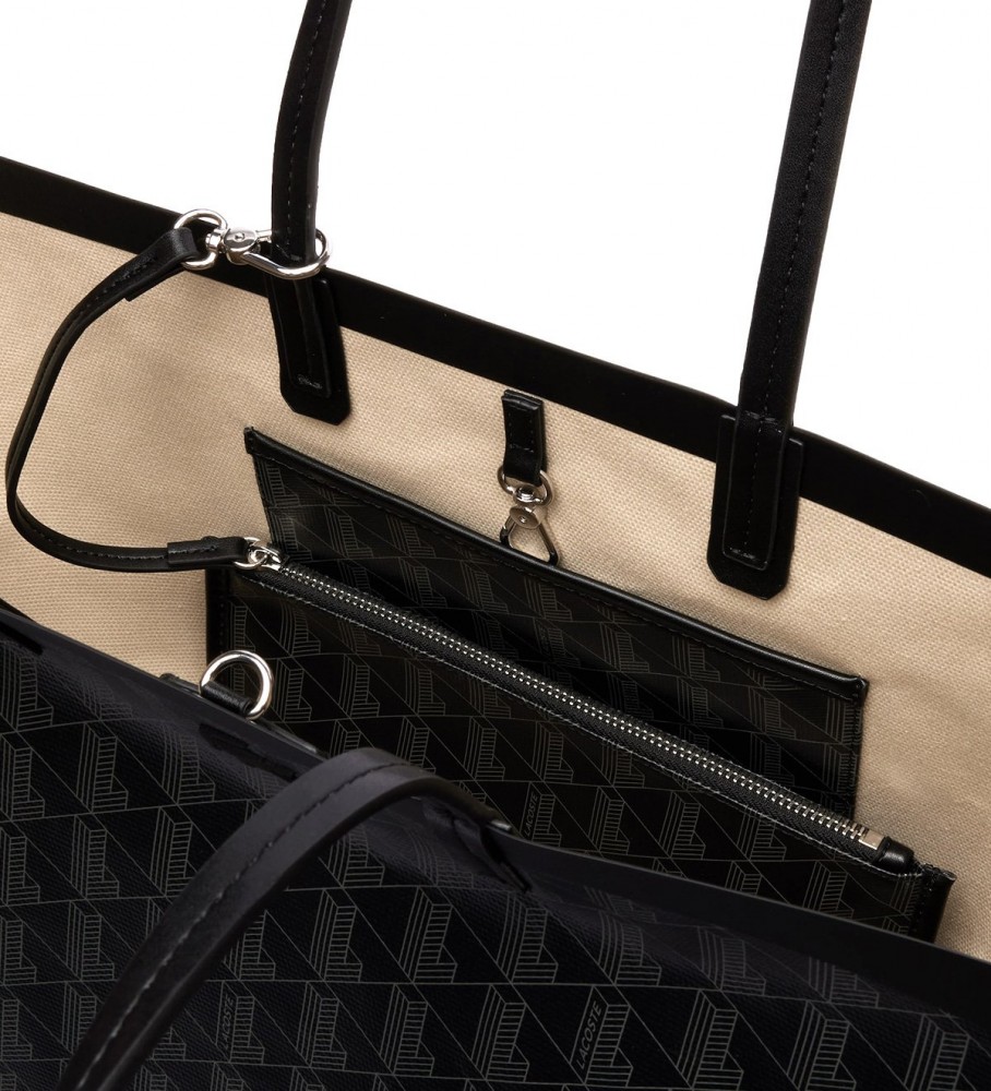 Bolsa tote grande Lacoste Zely em lona revestida com monograma preto.
