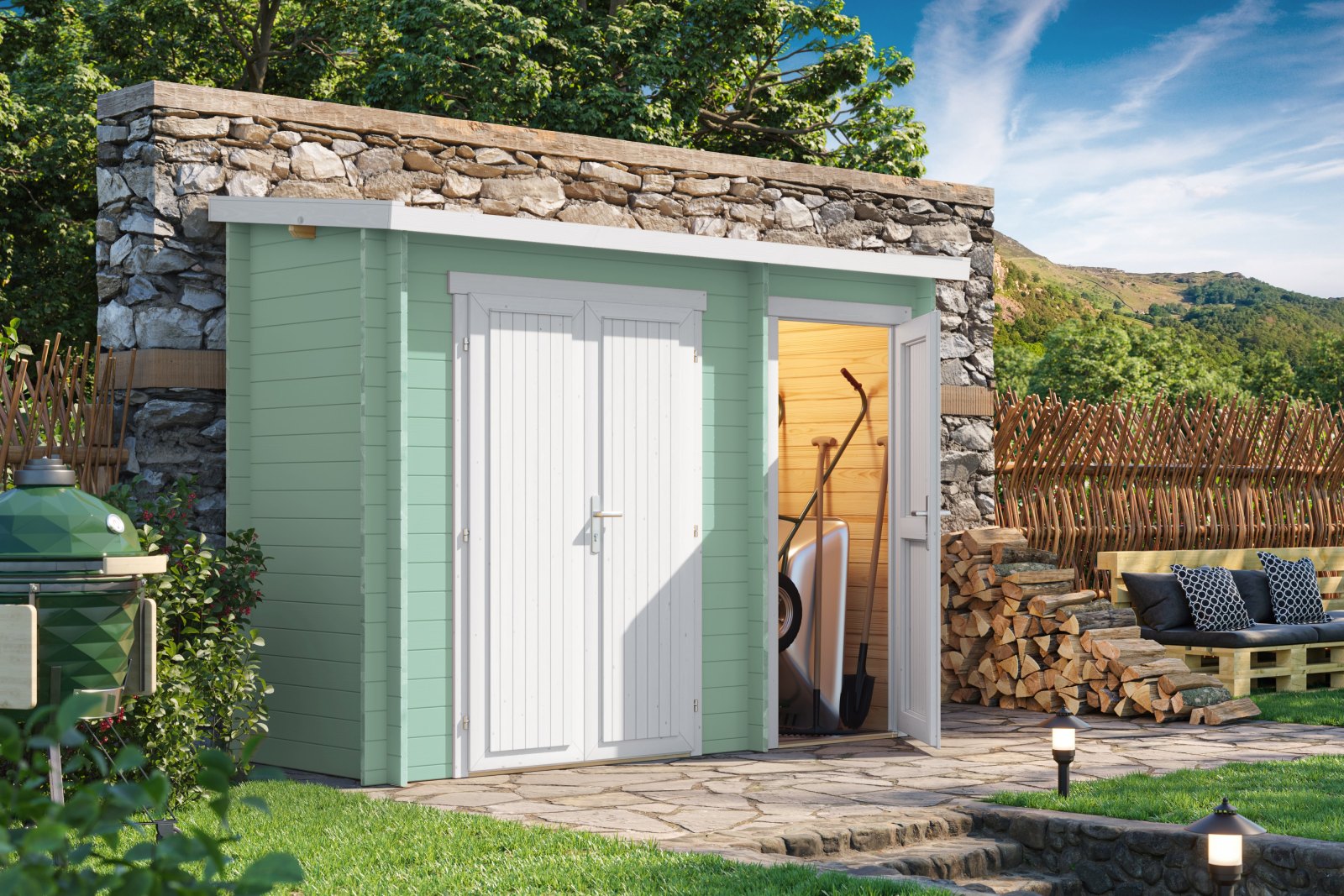 Blockbohlenhaus - gletschergrün - Fichtenholz massiv - 300x105 cm