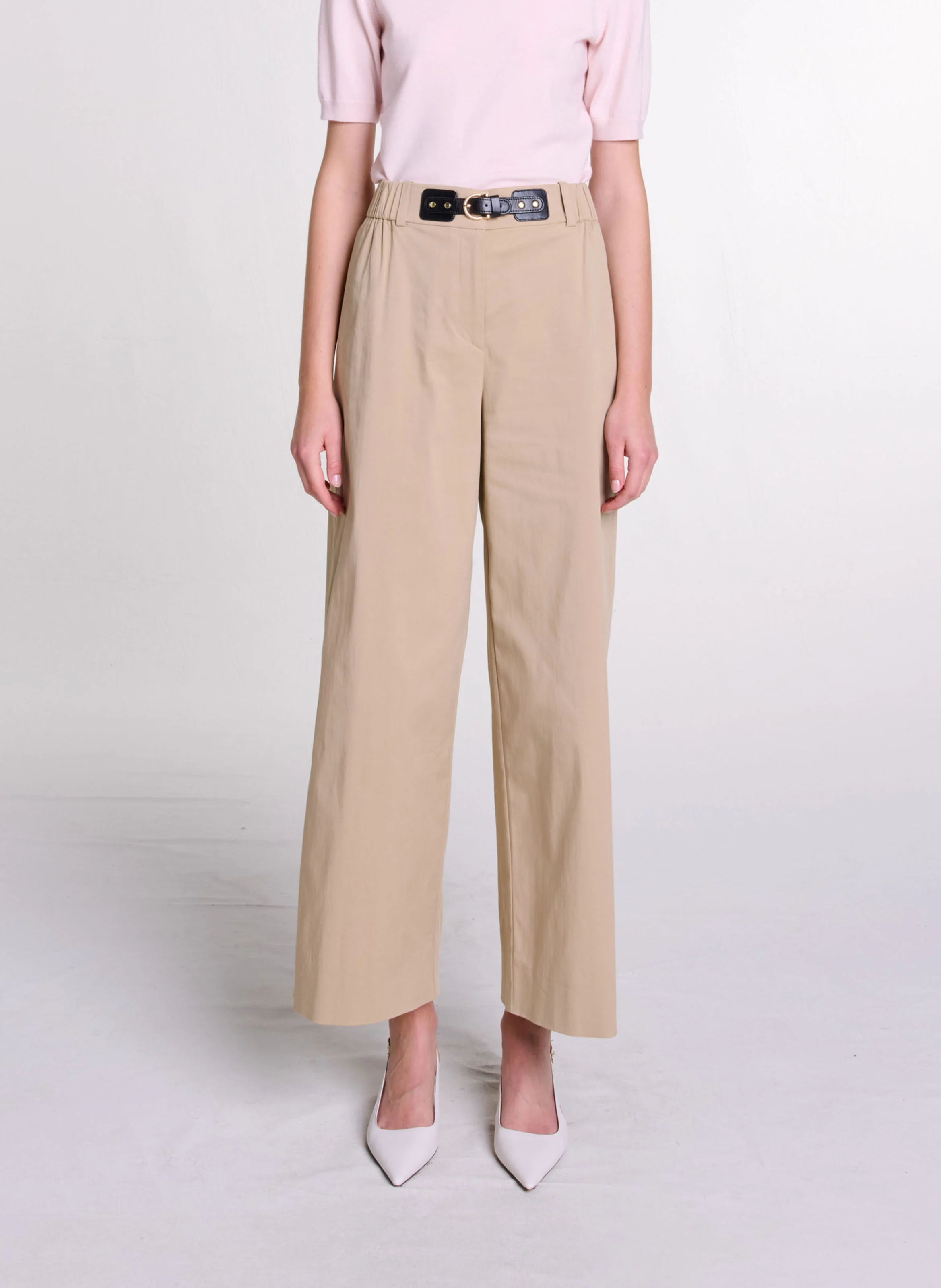 Pantalon large en coton mélangé | Beige