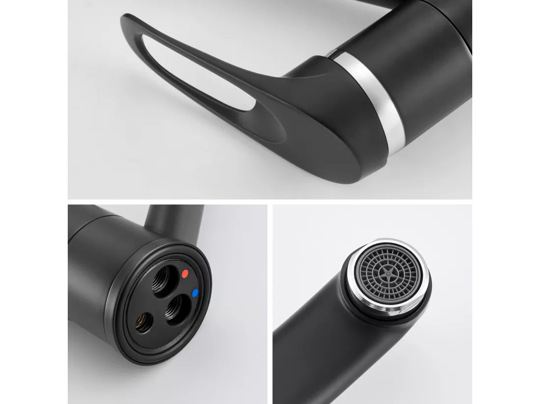 Auralum MAX Mitigeur d'Evier, Robinet de Cuisine Orientable à 360°, Les Conduites d'eau Chaude et Froide et Les Accessoires Complets,en Laiton,Noir