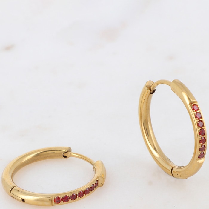 Boucles d'oreilles - Acier inoxydable doré & zirconium rouge