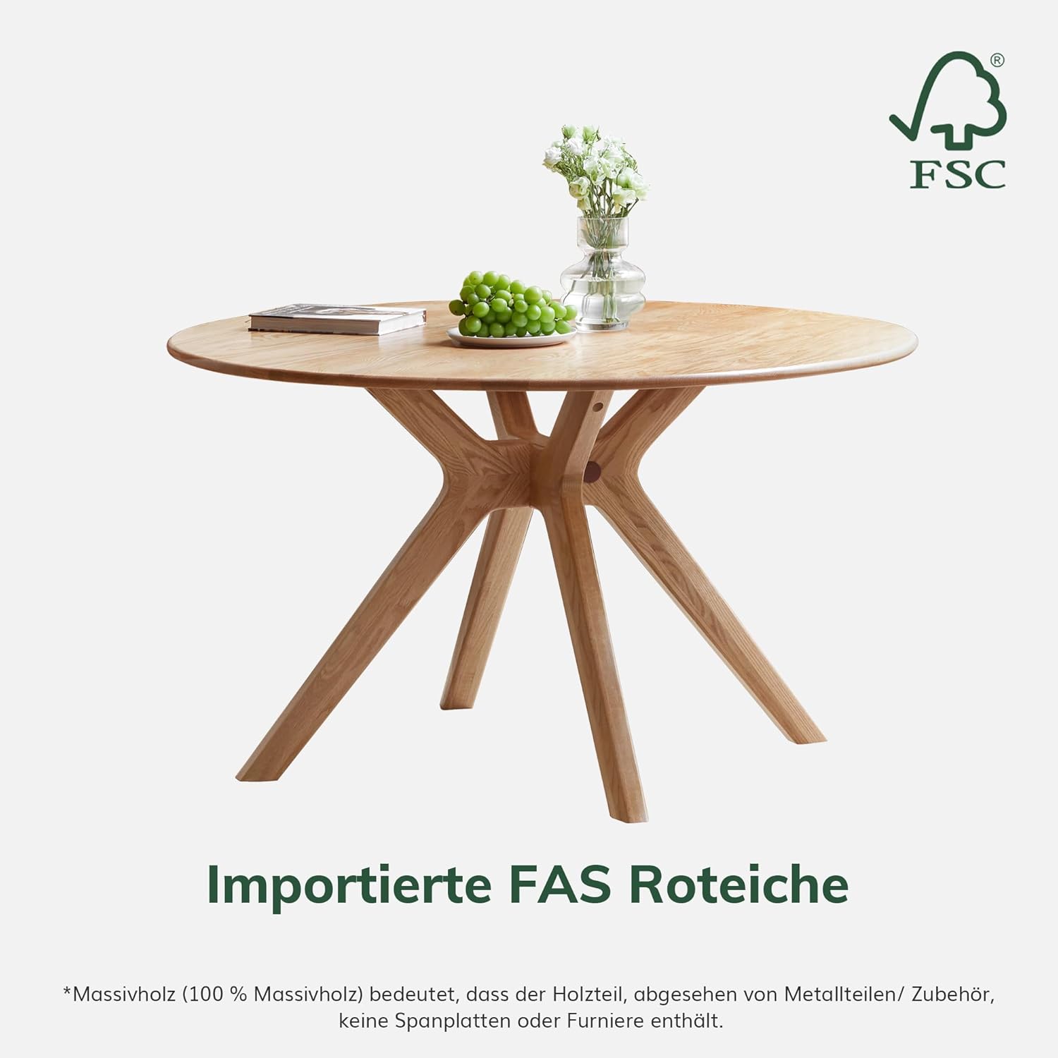 YESWOOD Massivholz Esstisch aus Eiche, runder Tisch 120 cm, 0 Furnier, moderner Küchentisch, runder Esszimmertisch, stabil, Dining Tables für 4-6 Personen, 120x120x74,8 cm, Naturfarbe
