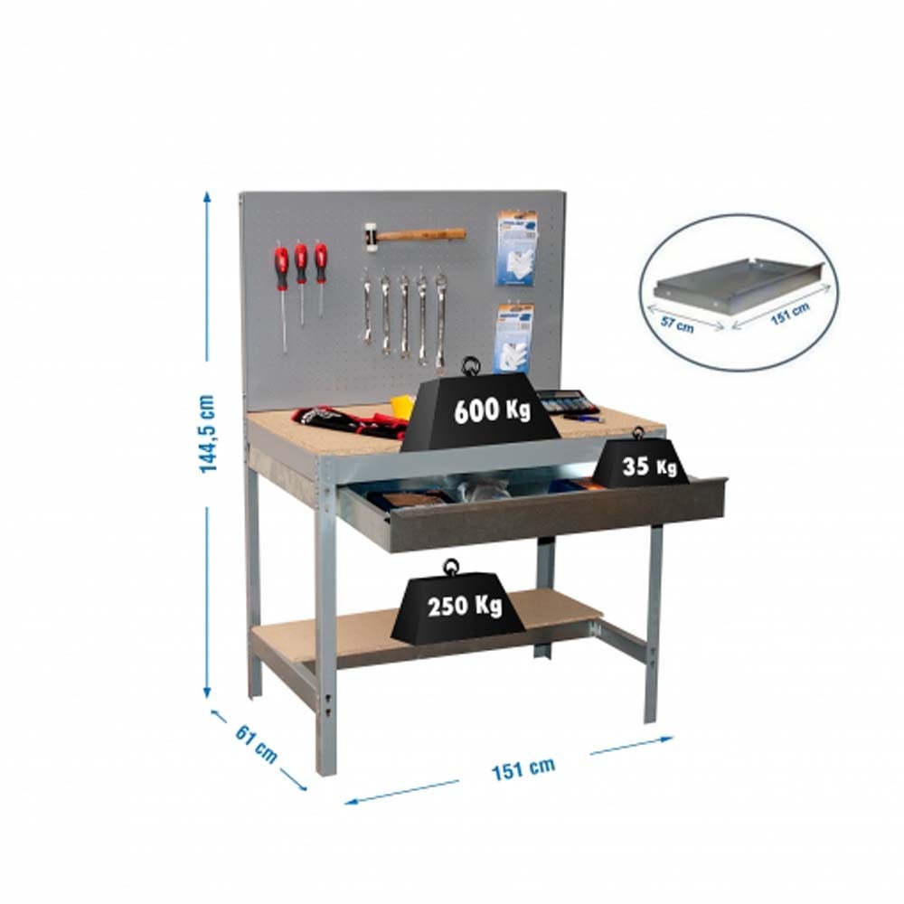 PROREGAL Buffalo werkbank met gereedschapswand en lade, afmetingen (H x B x D): 84 x 150 x 61 cm, draagvermogen: 600 kg, grijs