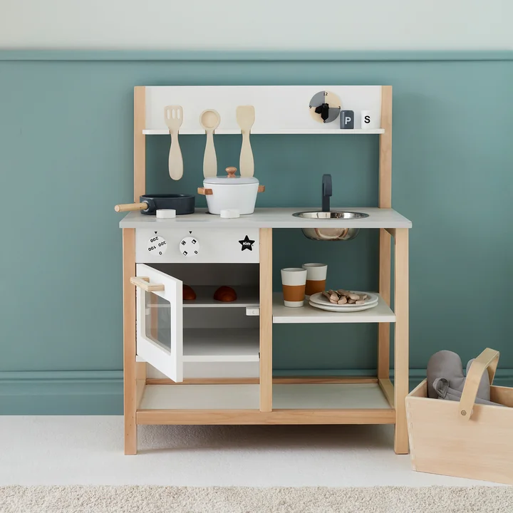 Kids Concept - Bistro Spielküche mit Zubehör, 55 x 30 x 73 cm, weiss / natur (11er-Set)