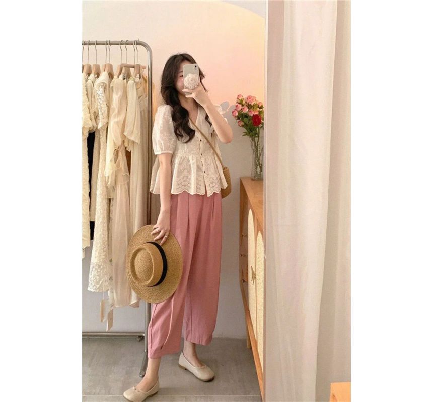 matteira - Zwangerschapskleding Hoge Taille Effen Cropped Harem Broek / Korte Mouw V-hals Bloemen Peplum Blouse