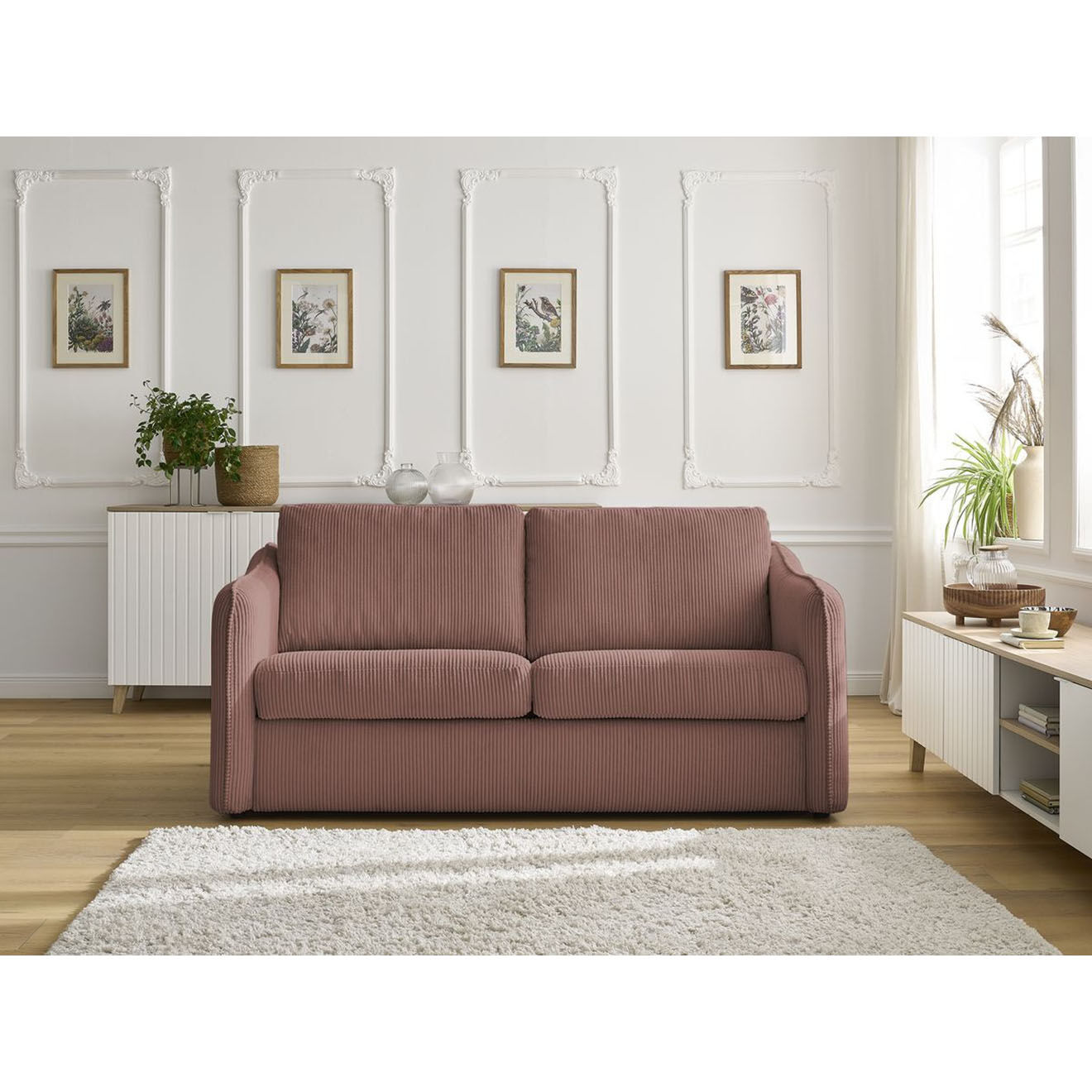 Bobochic Canapé droit convertible express en Velours côtelé 3 places Lenny rose - 178x102x89 cm