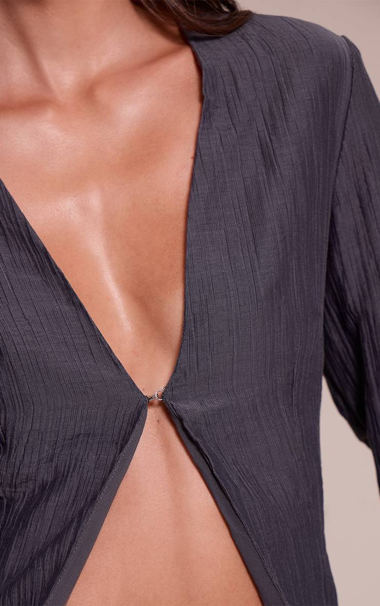 Bleu Marine Chemise Texturée À Manches Évasées Avec Fermeture À Crochets