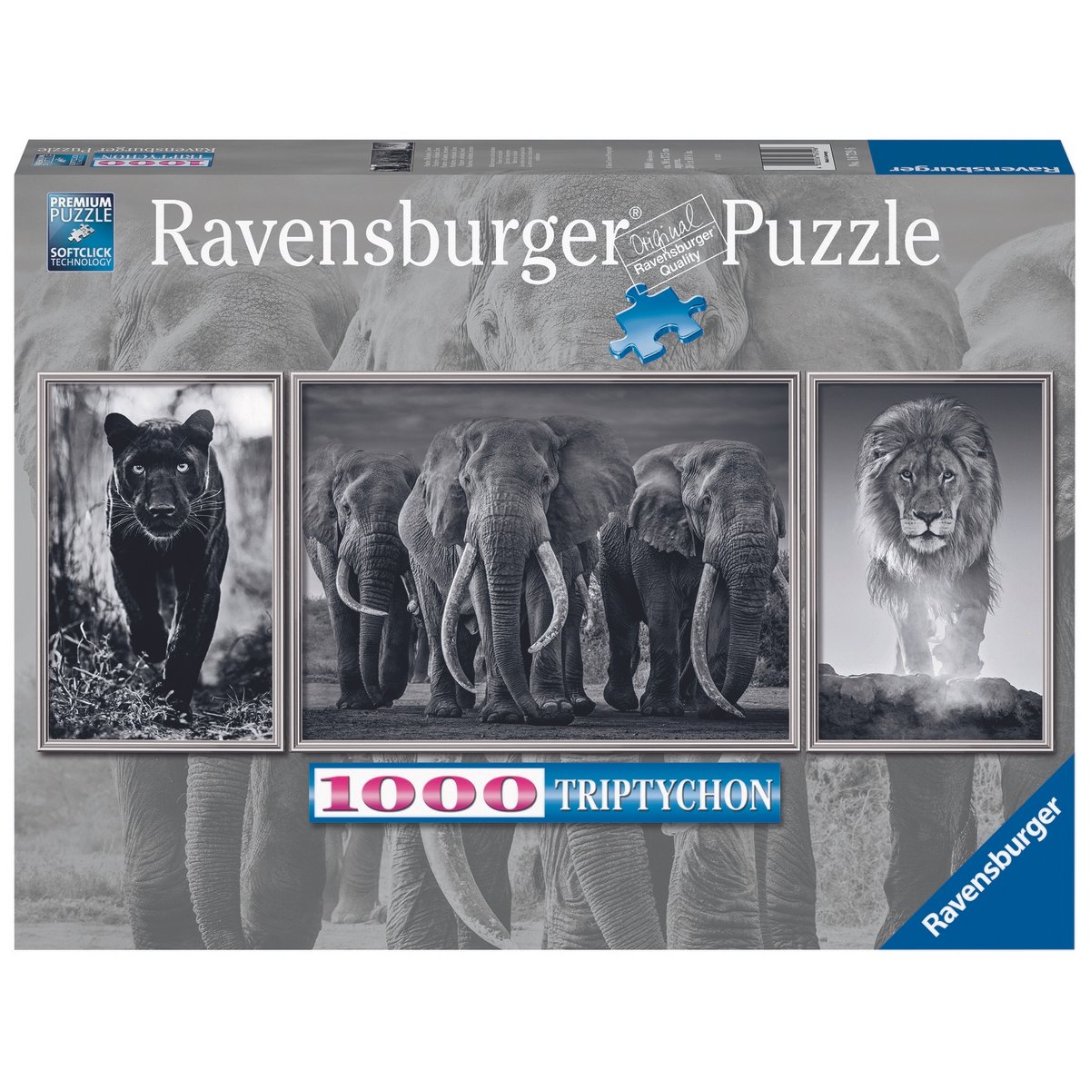 Puzzle triptyque 1000 pièces Panthère, éléphant, lion