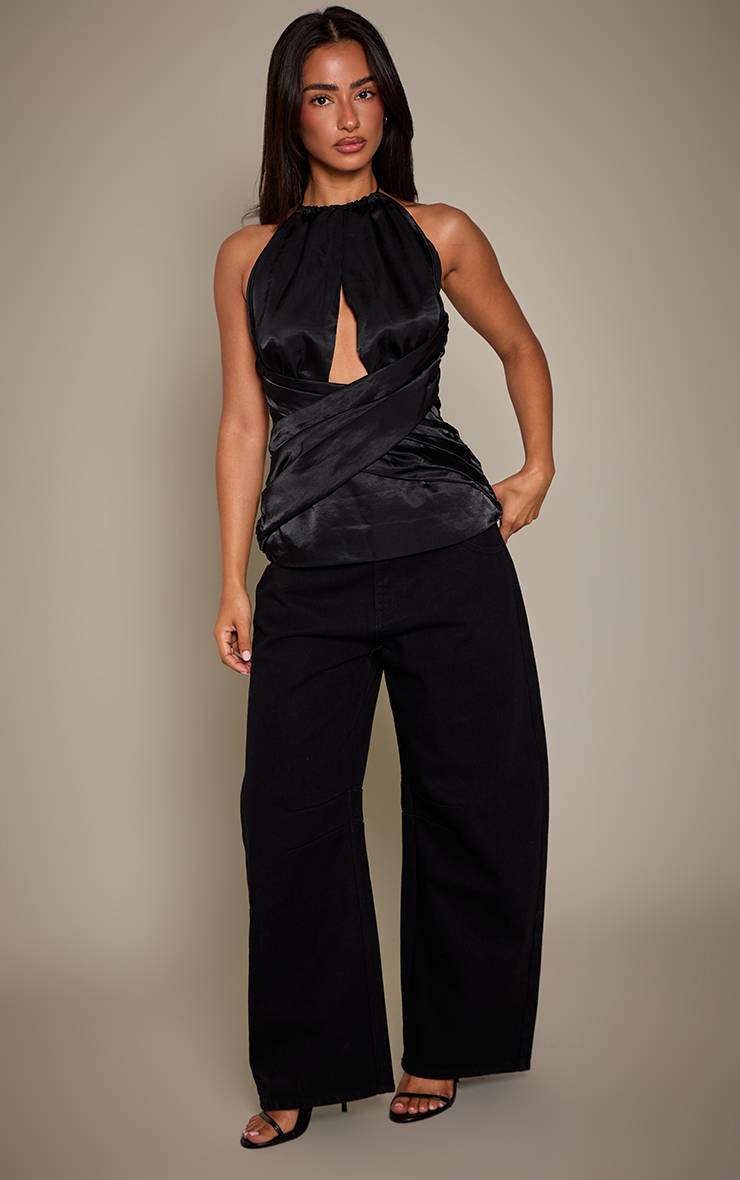 Noir Top Corset Cache-cœur En Satin Froissé