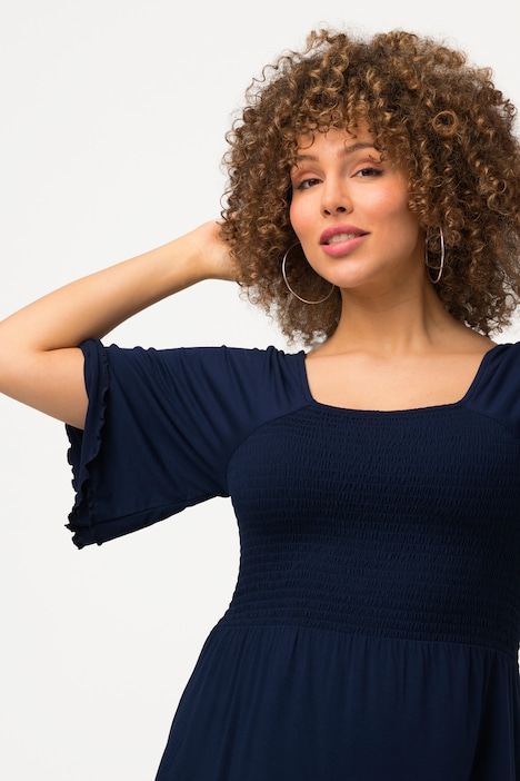 Smok-Shirtbluse, A-Linie, Carree-Ausschnitt, Halbarm