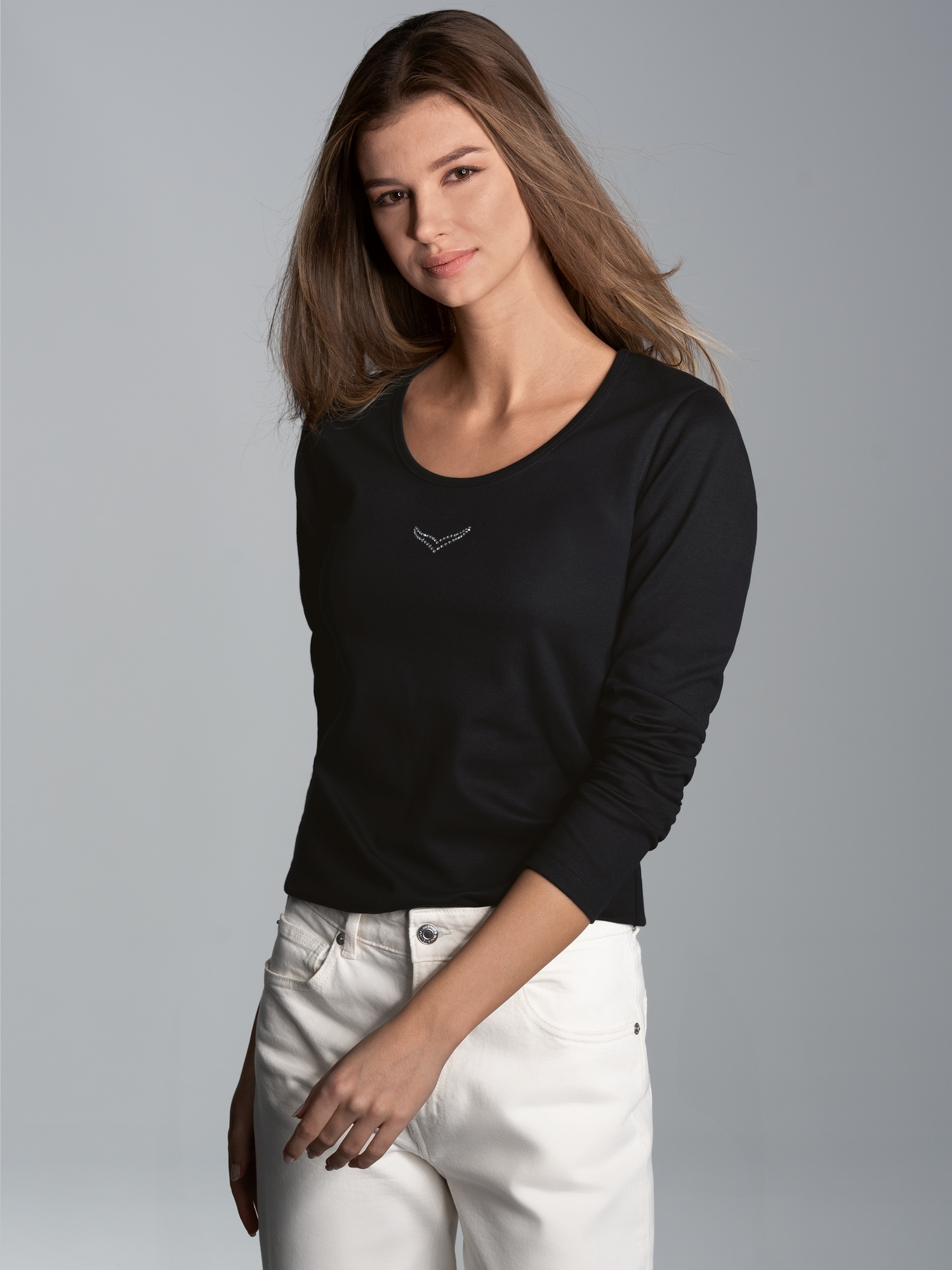 Langarmshirt mit Kristallsteinen Schwarz