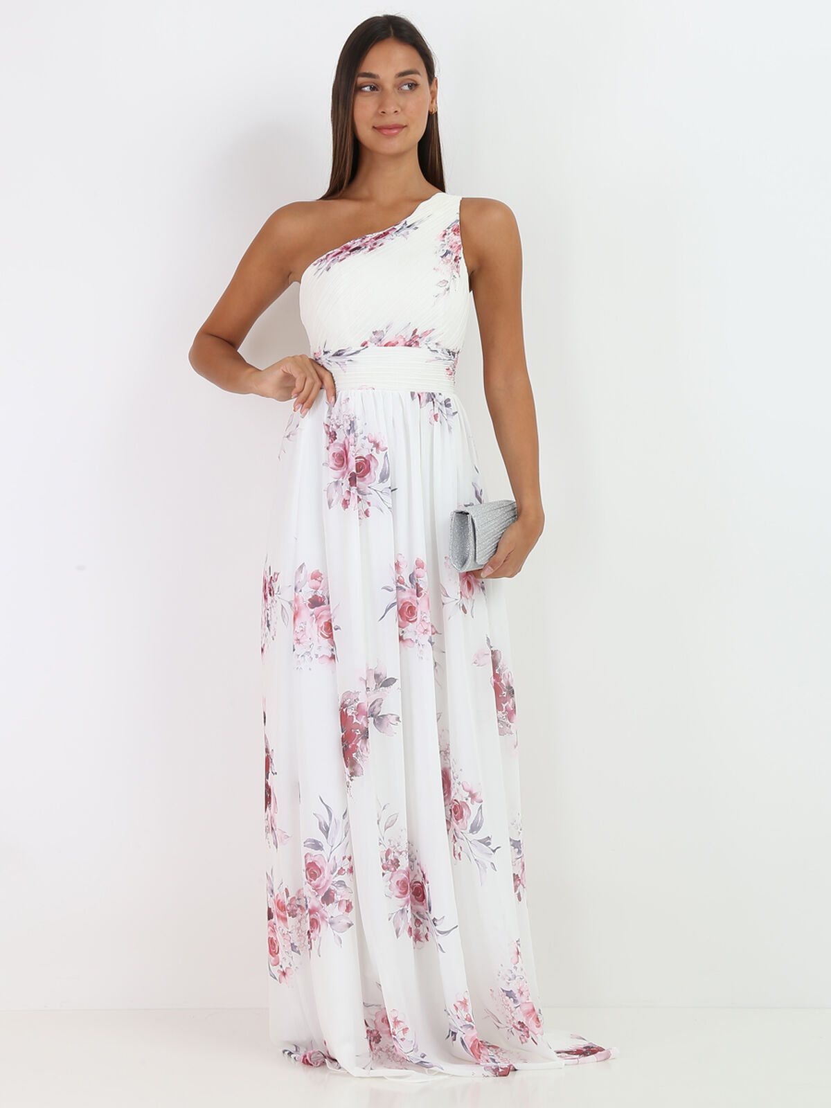 Robe longue asymétrique à fleurs- Blanc