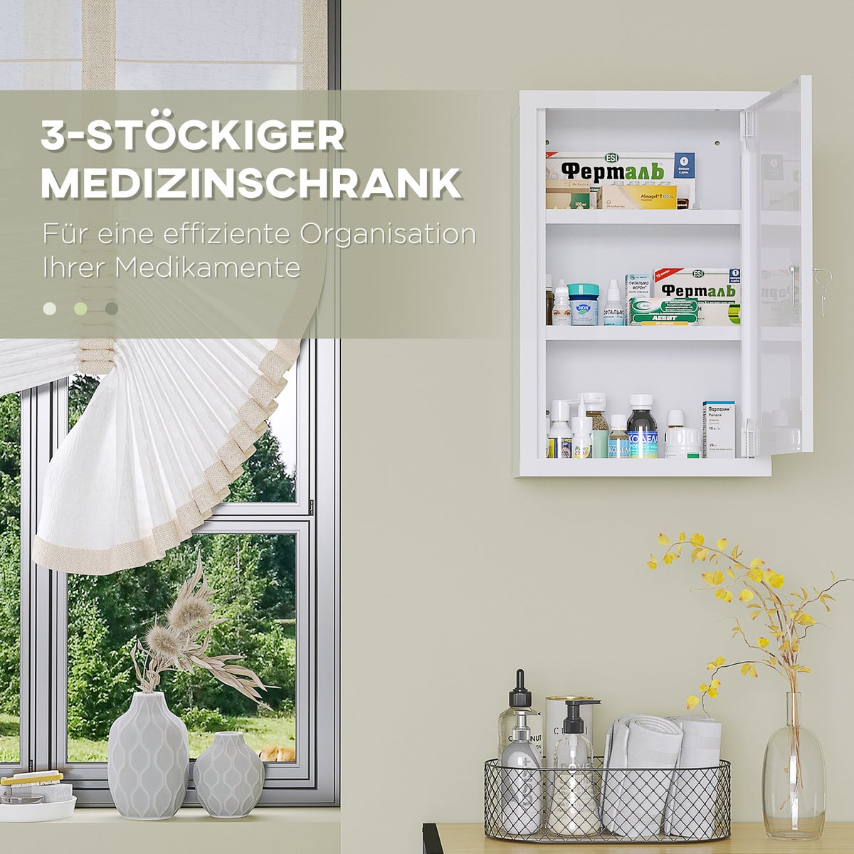 Kleankin Medicijnkastje, Apothekerskast met 3 Planken, Afsluitbaar Medicijnkastje, Medicijnkastje met 2 Sleutels, Wandgemonteerde Medicijndoos, Staal, Wit, 30 x 14 x 46 cm