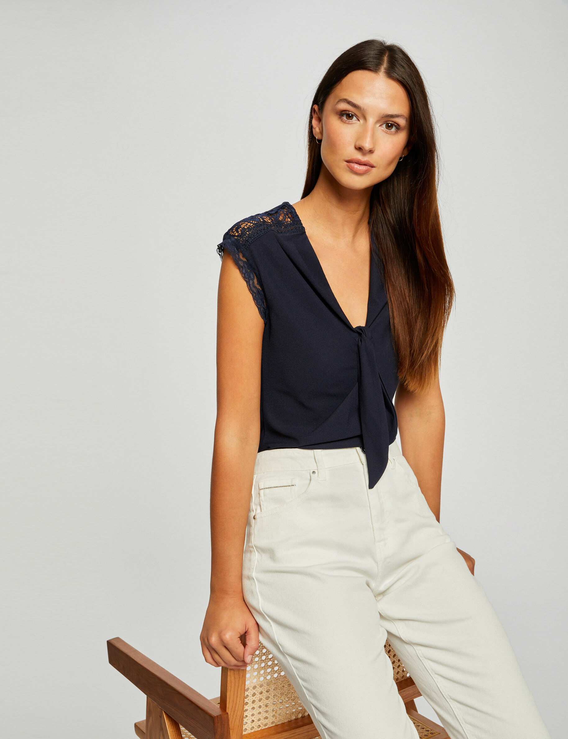 T-shirt manches courtes avec noeud marine femme - marine