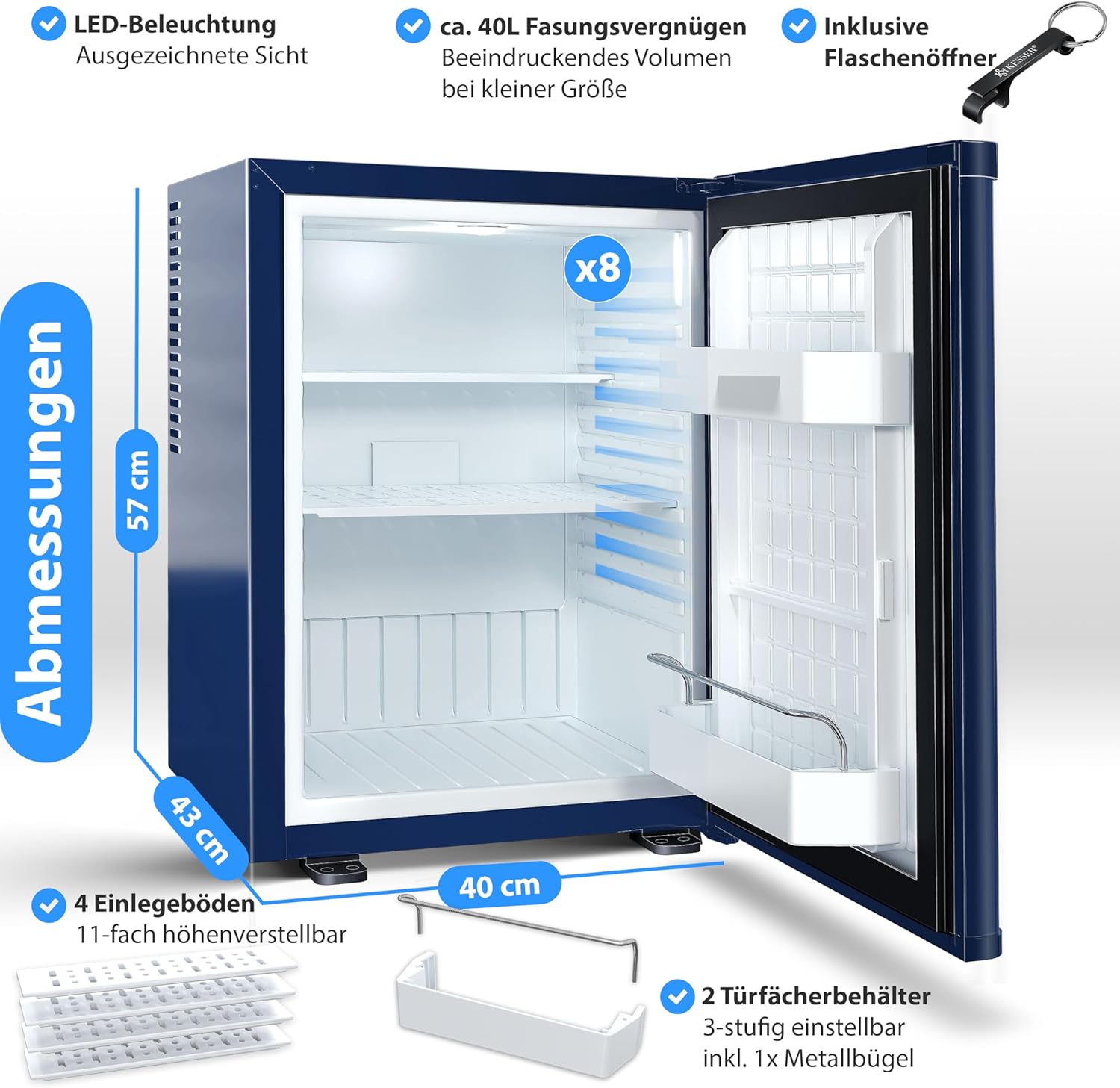 KESSER® Mini réfrigérateur avec Serrure, Mini Bar de 40 l, Silencieux, 22 DB, verrouillable, Chambre à Coucher, butée de Porte Amovible, env. 4 à 16 °C, Hauteur 57 cm, éclairage intérieur
