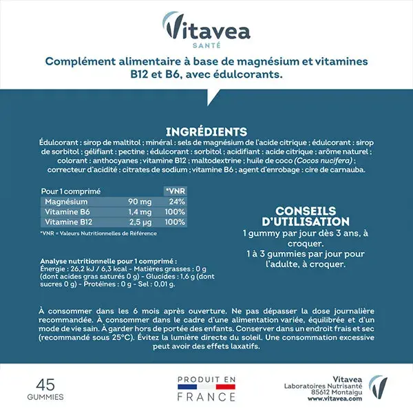 Vitavea Magnésio Vitaminas B6, B12 Fadiga Estresse A partir dos 3 anos de idade 45 Gomas