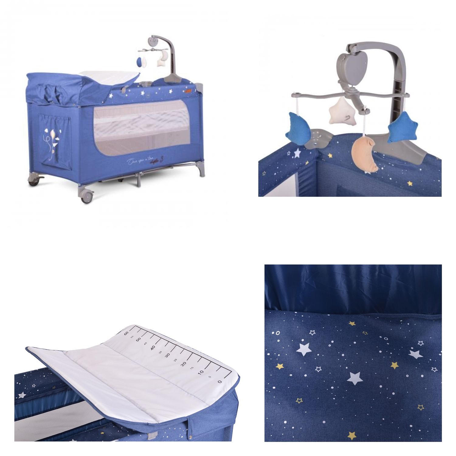 Cangaroo Reisebett Once upon a time Laufstall zwei Ebenen Matratze Wickelauflage blau