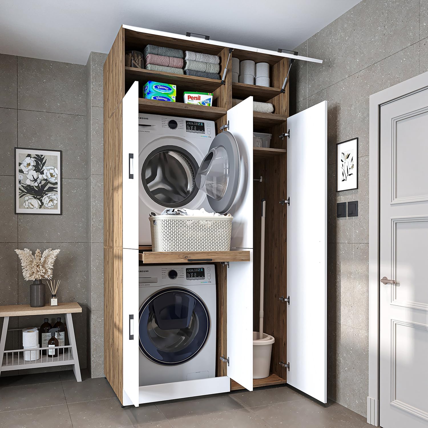 ROOMART Dora - Armoire de machine à laver - Pour sèche-linge et machine à laver - En 4 couleurs - Avec portes et panneau coulissant - Blanc - Chêne blanc - Chêne anthracite - Chêne blanc (chêne blanc)