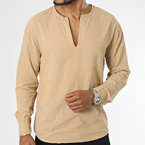 Chemise Manches Longues Col V Beige