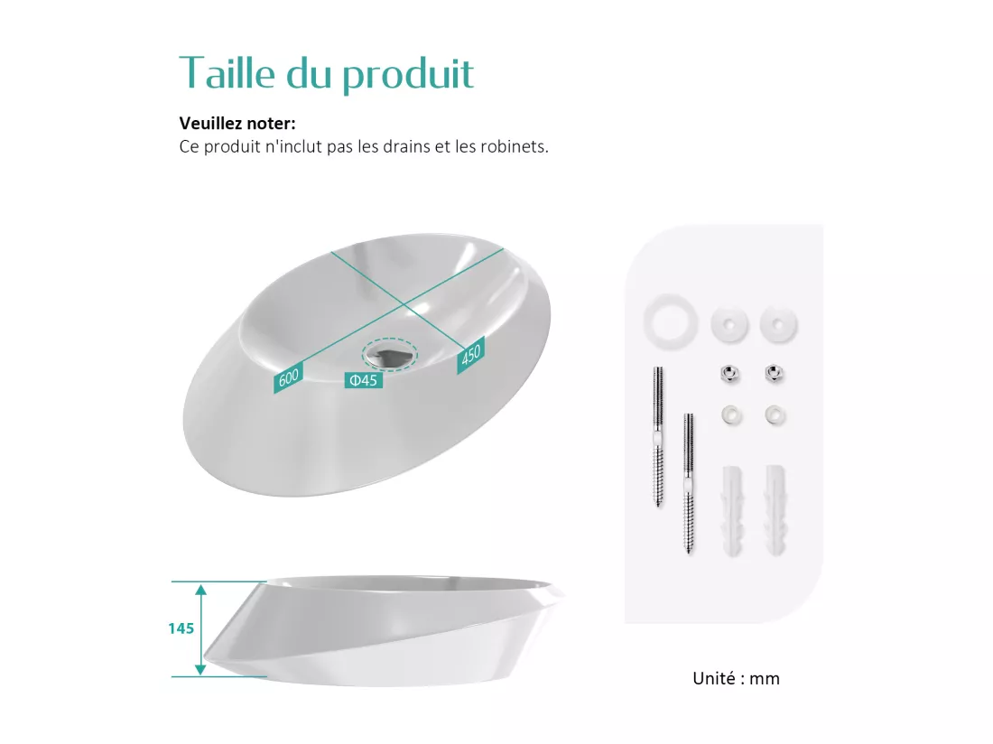 EMKE Vasque à Poser en céramique 60×45×14,5cm, Lavabo salle de bain Ovale, Lavabo à poser blanc brillant