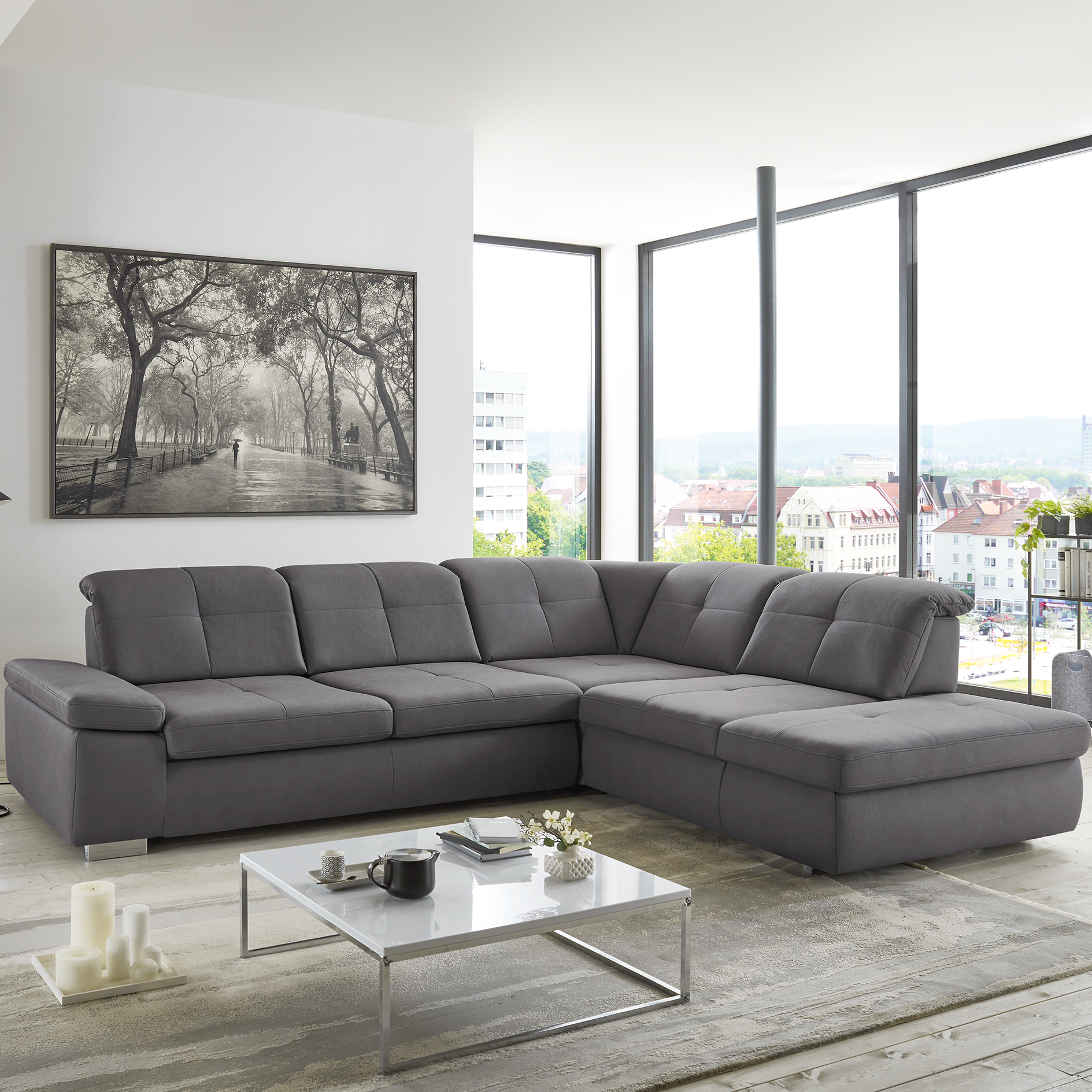 polsterpower Ecksofa - grau - Basismodell - Anstellhocker rechts