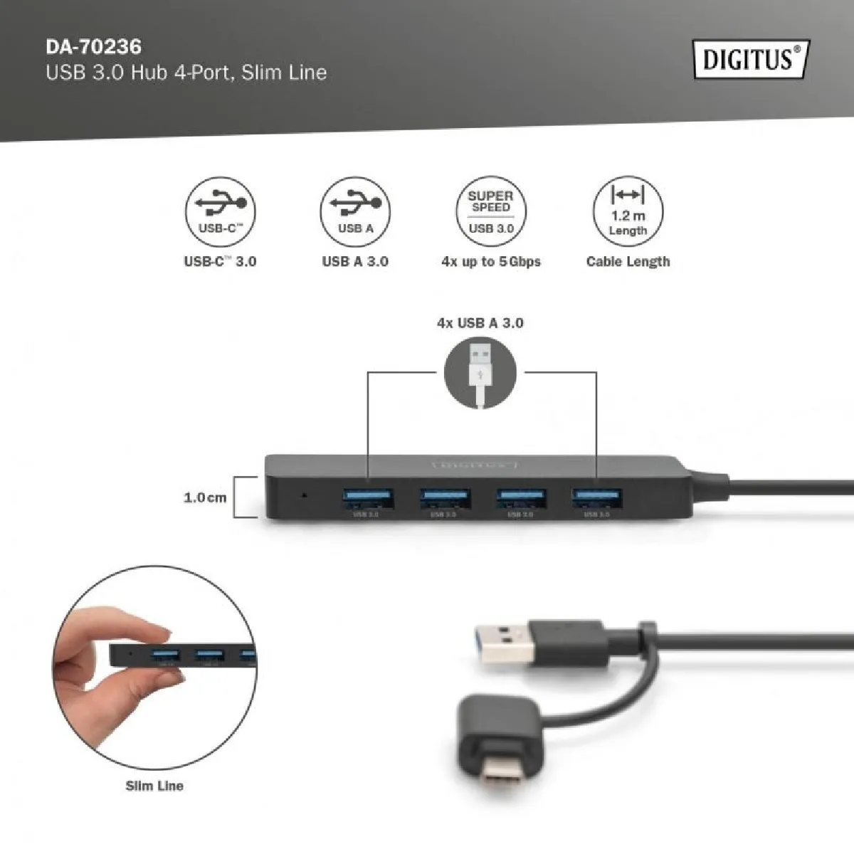 DIGITUS Slim Line 4 Port USB 3.0 Hub - Noir